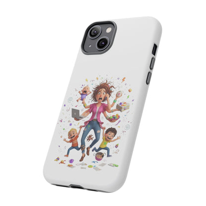 iPhone Phone Case — Hectic Mom Cartoon Design (Multitasking Mother, Kids & Chaos)
