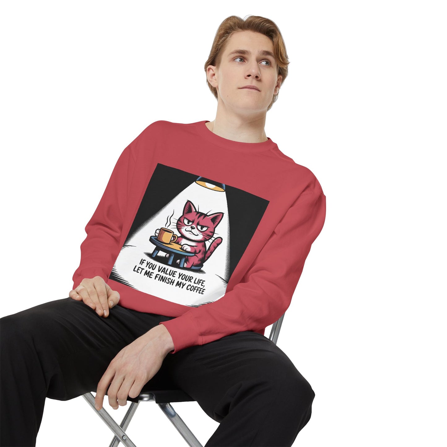 Lustiges Katzen-Sweatshirt – „Wenn dir dein Leben lieb ist, lass mich meinen Kaffee austrinken“ – Kuscheliger Pullover mit Grafikprint