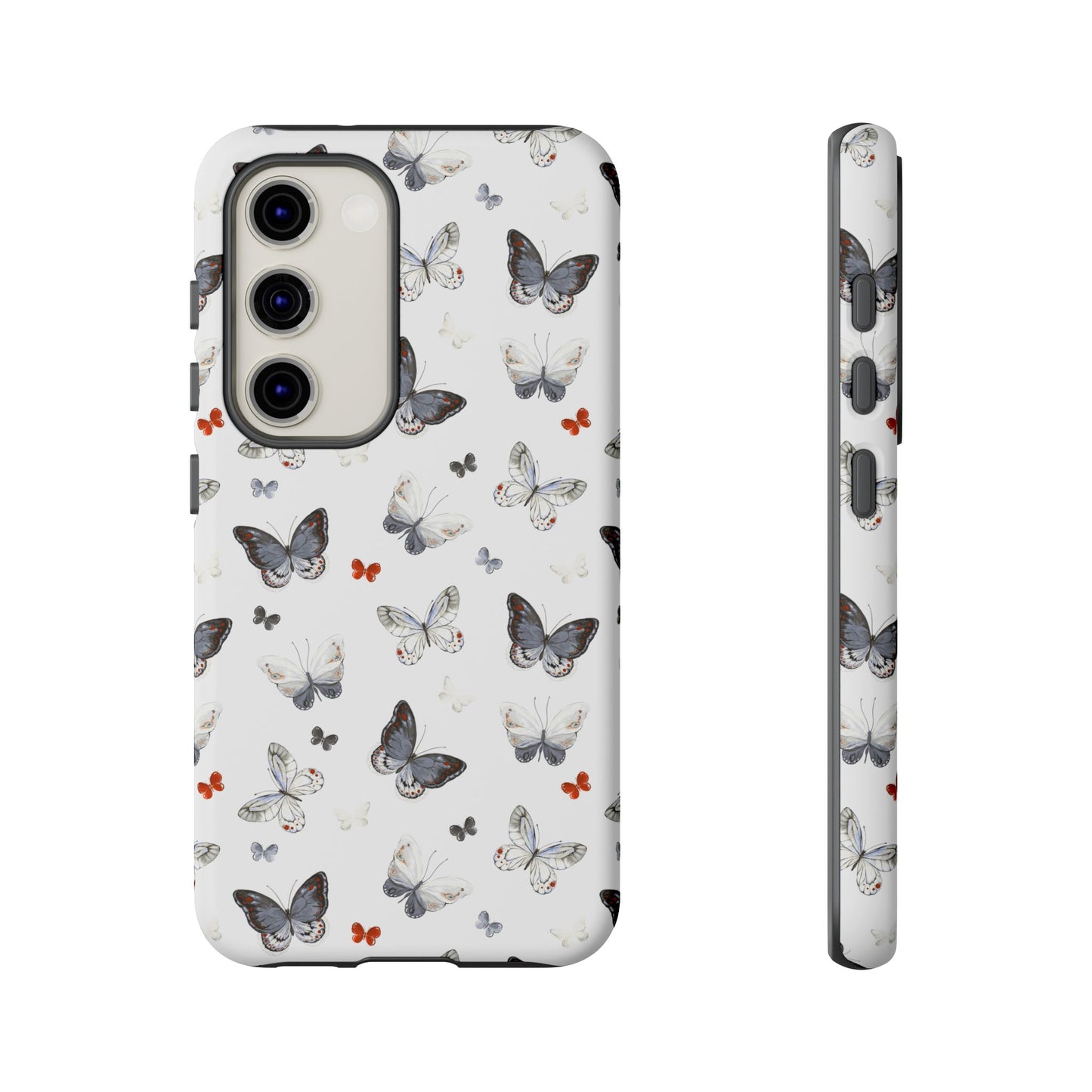 Funda para Samsung con diseño de mariposas: elegante funda protectora monocromática con detalles en rojo