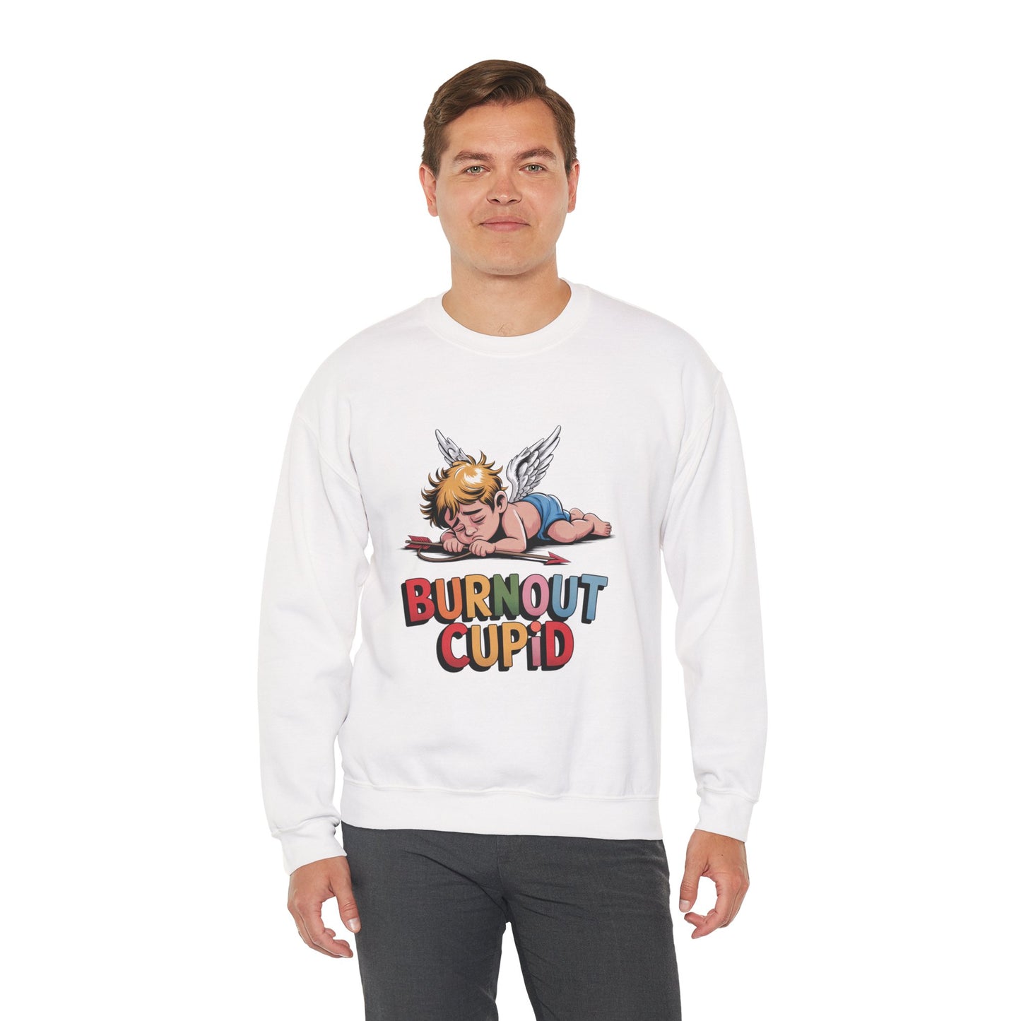 Burnout Cupid Sweatshirt — Tired Cupid Graphic Crewneck for Valentine’s Day