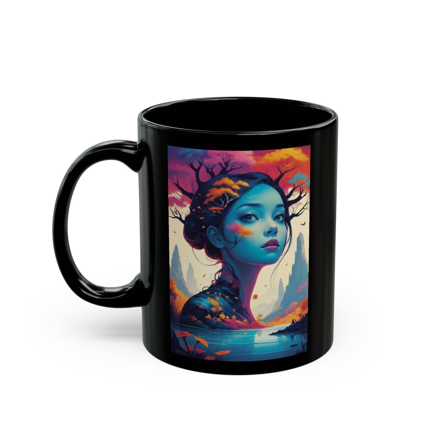 Künstlerisch gestalteter Fantasy-Becher – Design: Blaue Waldgöttin (325 ml/440 ml)