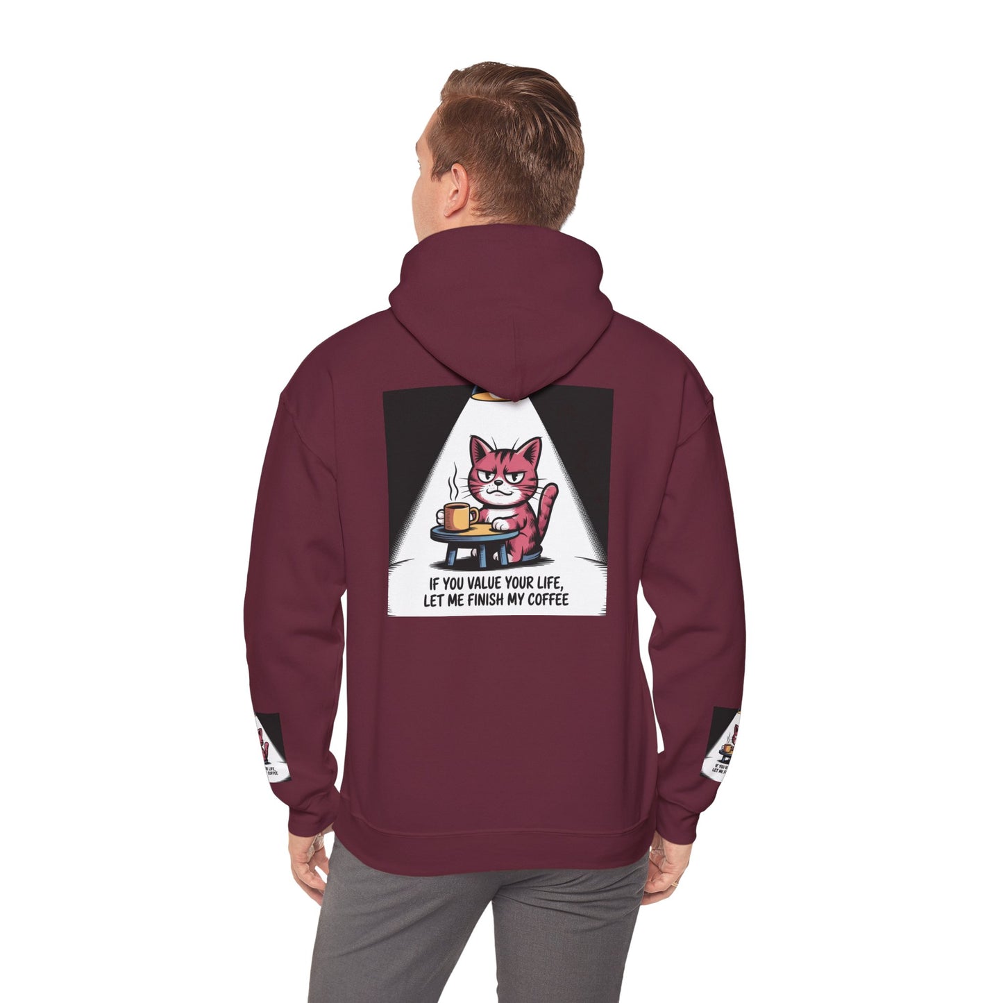 Coffee Cat Hoodie – „Wenn dir dein Leben lieb ist, lass mich meinen Kaffee austrinken“ Grafik-Hoodie