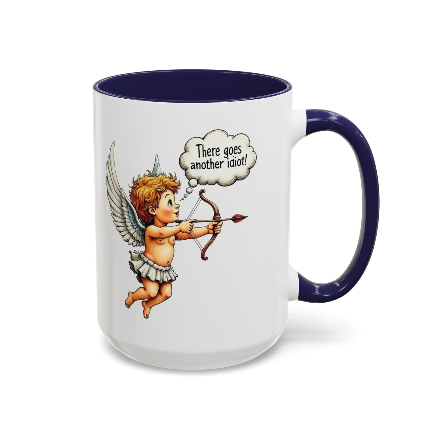 Cupid Coffee Mug — Vintage Cherub Saying "There goes another idiot!" Accent Mug
