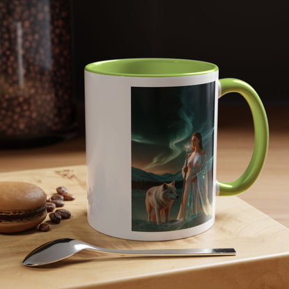 Taza de café Aurora Guardiana — Arte fantástico de mujer con lobo