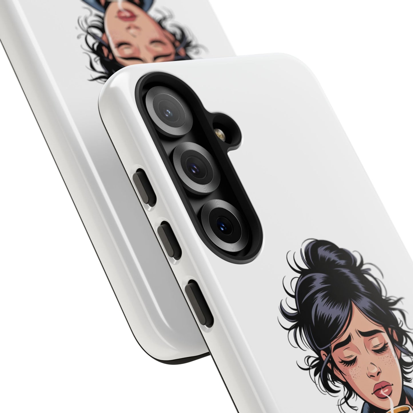 Samsung Phone Case — “First Coffee, Please” Cute Tired Girl Coffee Lover Phone Cover