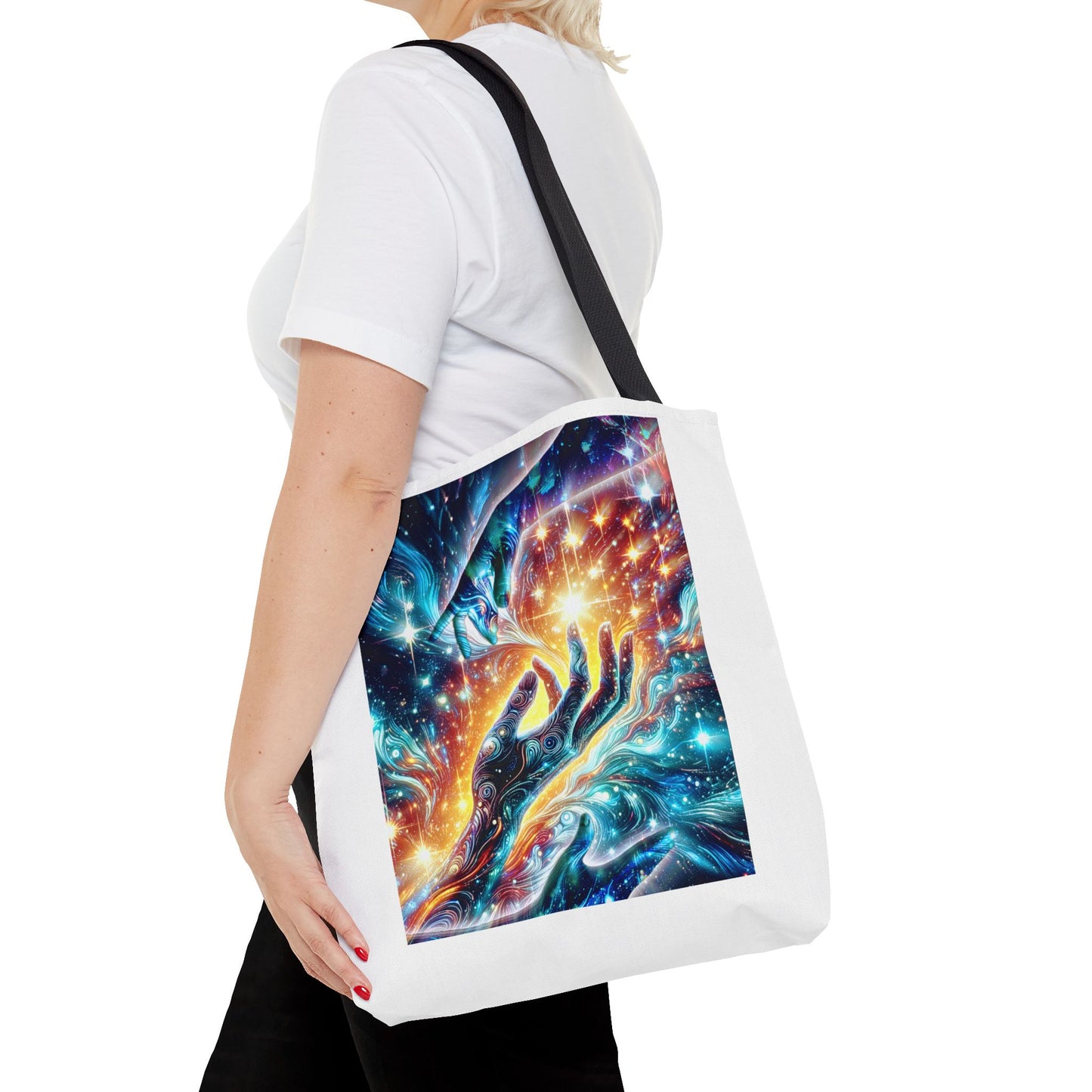 Cosmic Hands Tote Bag — Vibrant Galaxy Art Tote for Everyday, Beach & Gifts