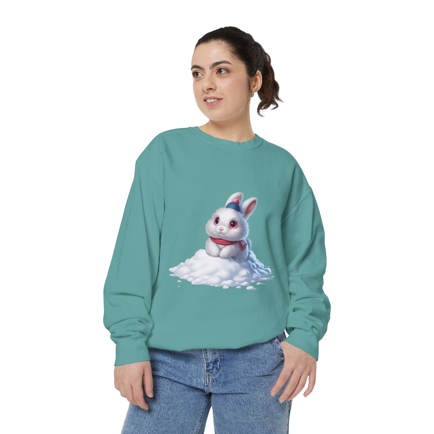 Cute Bunny Sweatshirt — White Bunny on Snow Graphic Crewneck