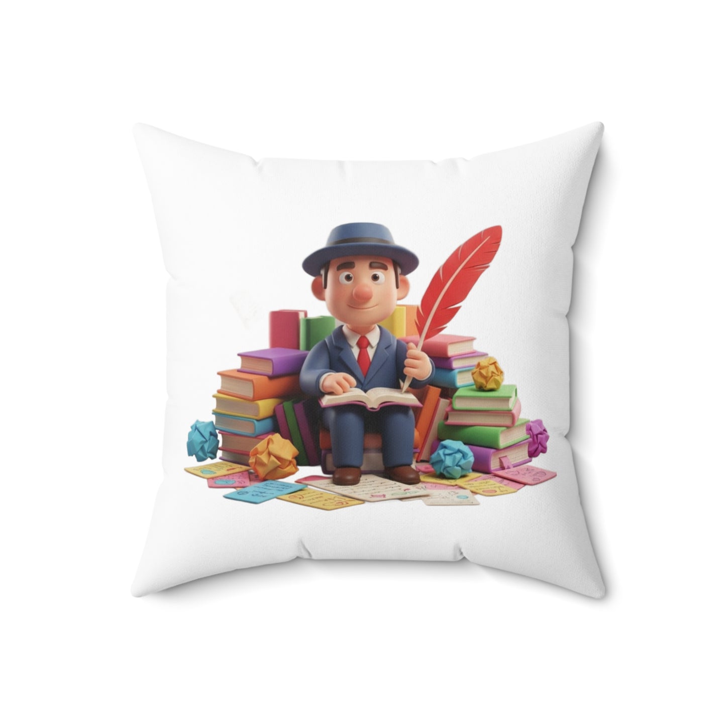 Writer’s Study Decorative Pillow — Cute Booklover Cushion with Quill & Stacks of Books