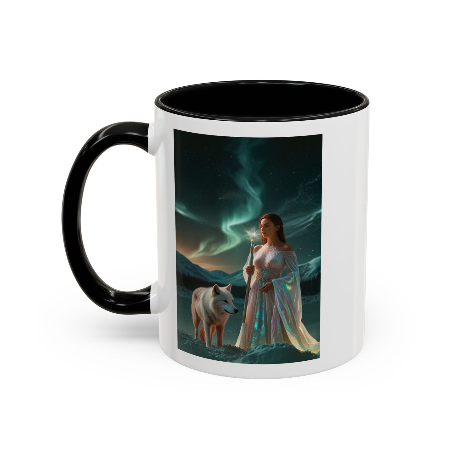 Taza de café Aurora Guardiana — Arte fantástico de mujer con lobo