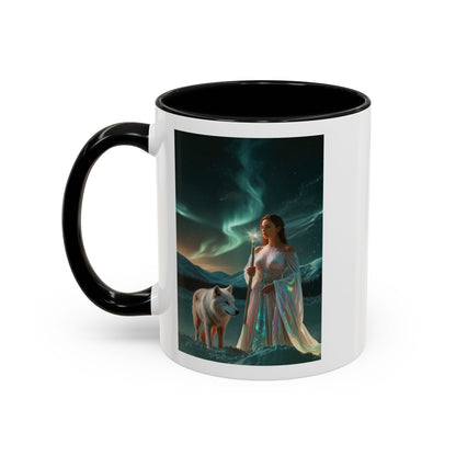 Taza de café Aurora Guardiana — Arte fantástico de mujer con lobo