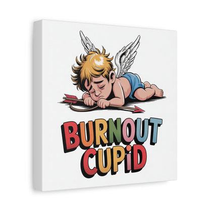 Burnout Cupid Matte Canvas Wall Art — Tired Cupid Illustration for Valentine’s Day, Self-Care & Humor