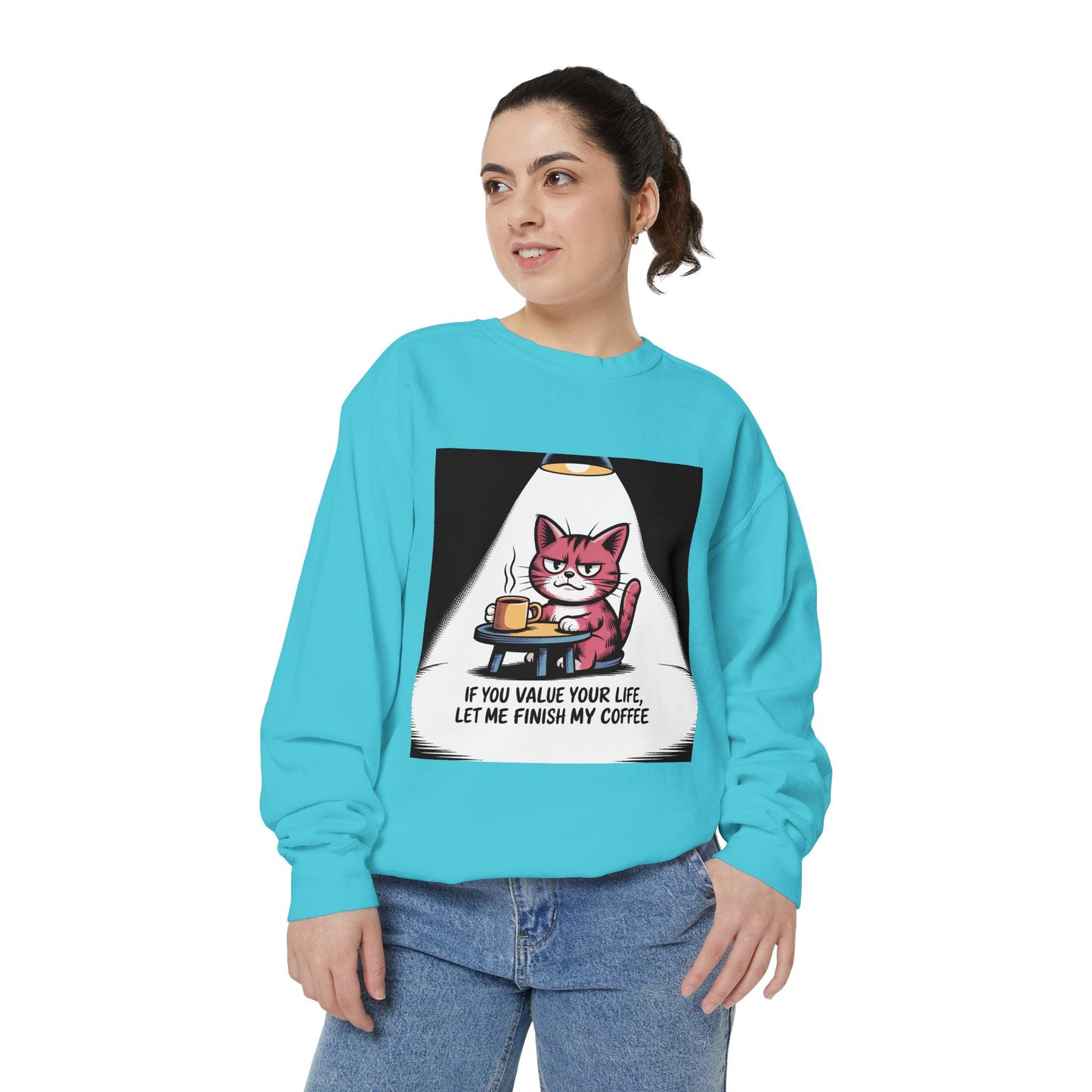 Lustiges Katzen-Sweatshirt – „Wenn dir dein Leben lieb ist, lass mich meinen Kaffee austrinken“ – Kuscheliger Pullover mit Grafikprint