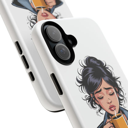 iPhone Phone Case — "First Coffee, Please" Woman Holding Mug, Funny Morning Coffee Gift