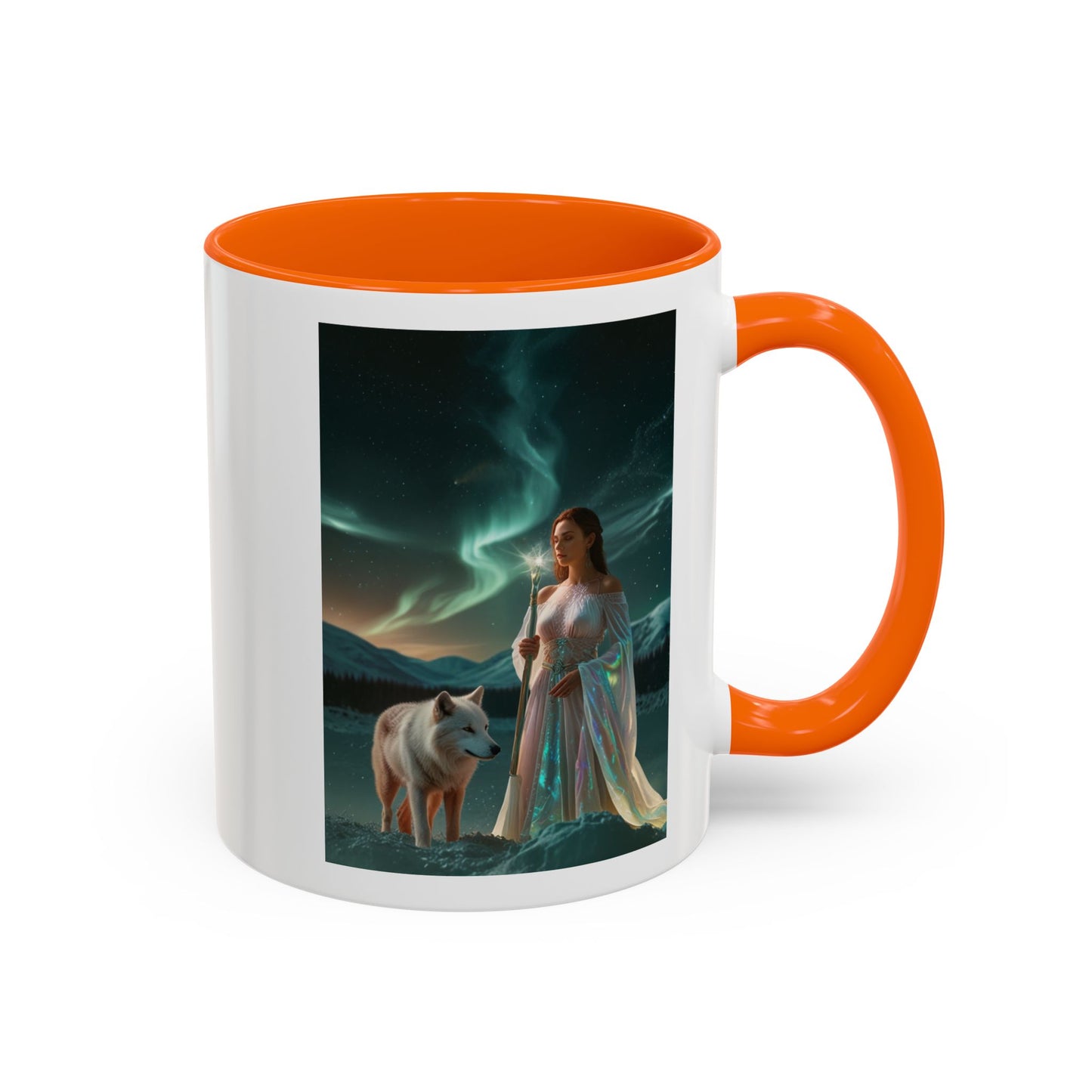 Taza de café Aurora Guardiana — Arte fantástico de mujer con lobo