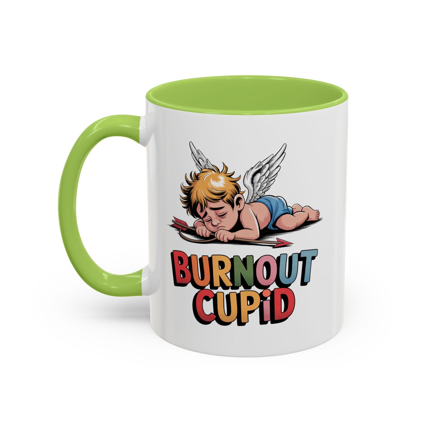 Burnout Cupid Coffee Mug — Cute Tired Cupid Accent Mug (11/15 oz)