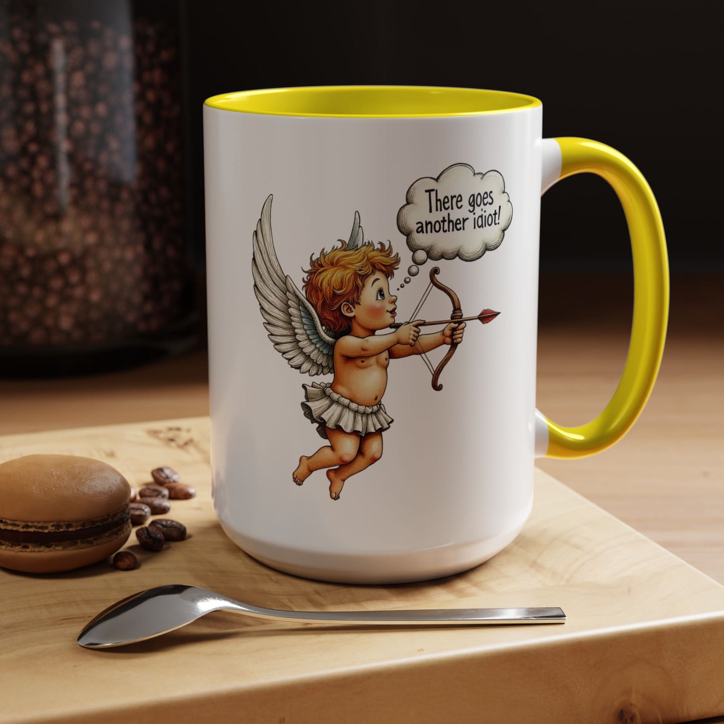 Cupid Coffee Mug — Vintage Cherub Saying "There goes another idiot!" Accent Mug