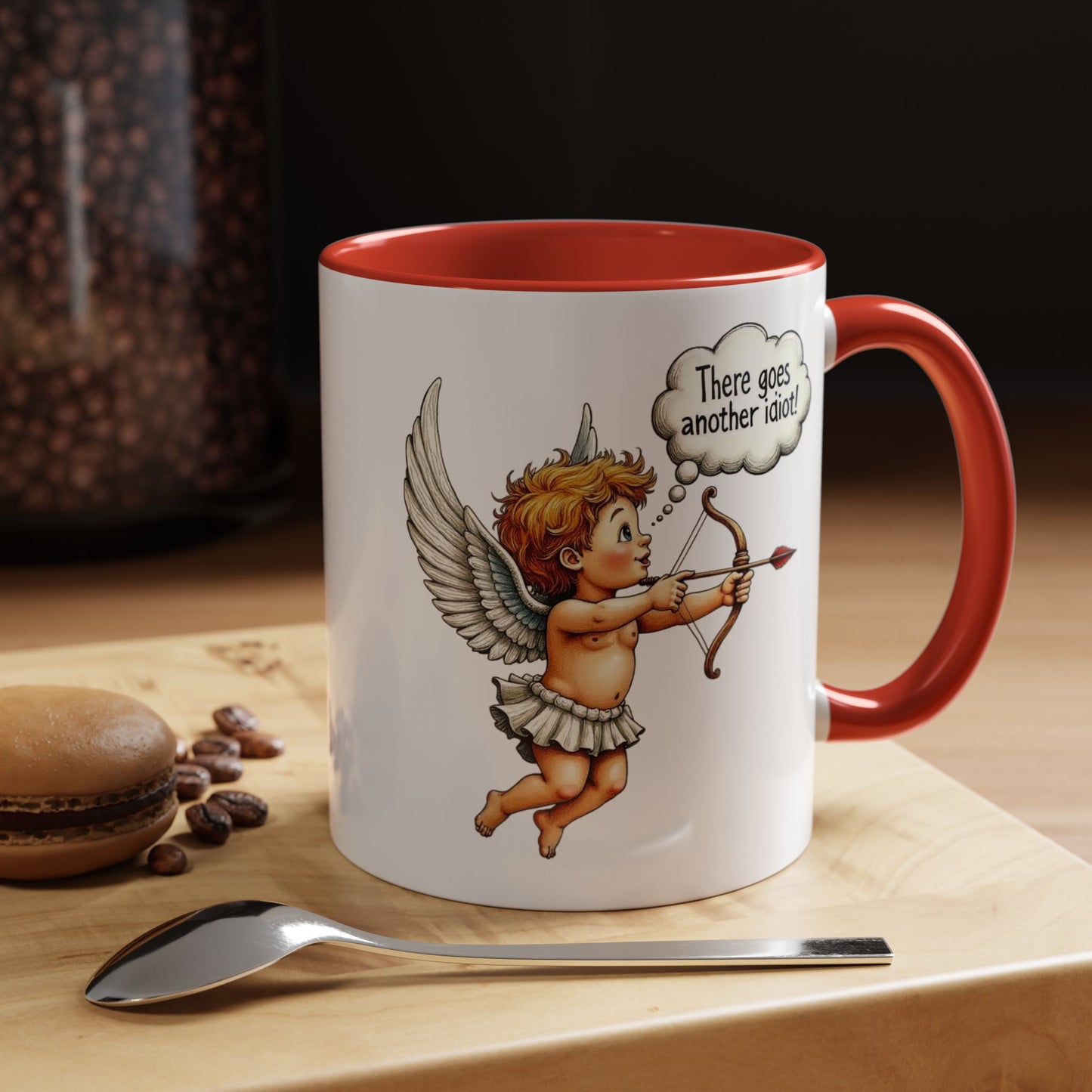 Cupid Coffee Mug — Vintage Cherub Saying "There goes another idiot!" Accent Mug