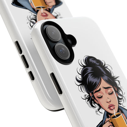 iPhone Phone Case — "First Coffee, Please" Woman Holding Mug, Funny Morning Coffee Gift