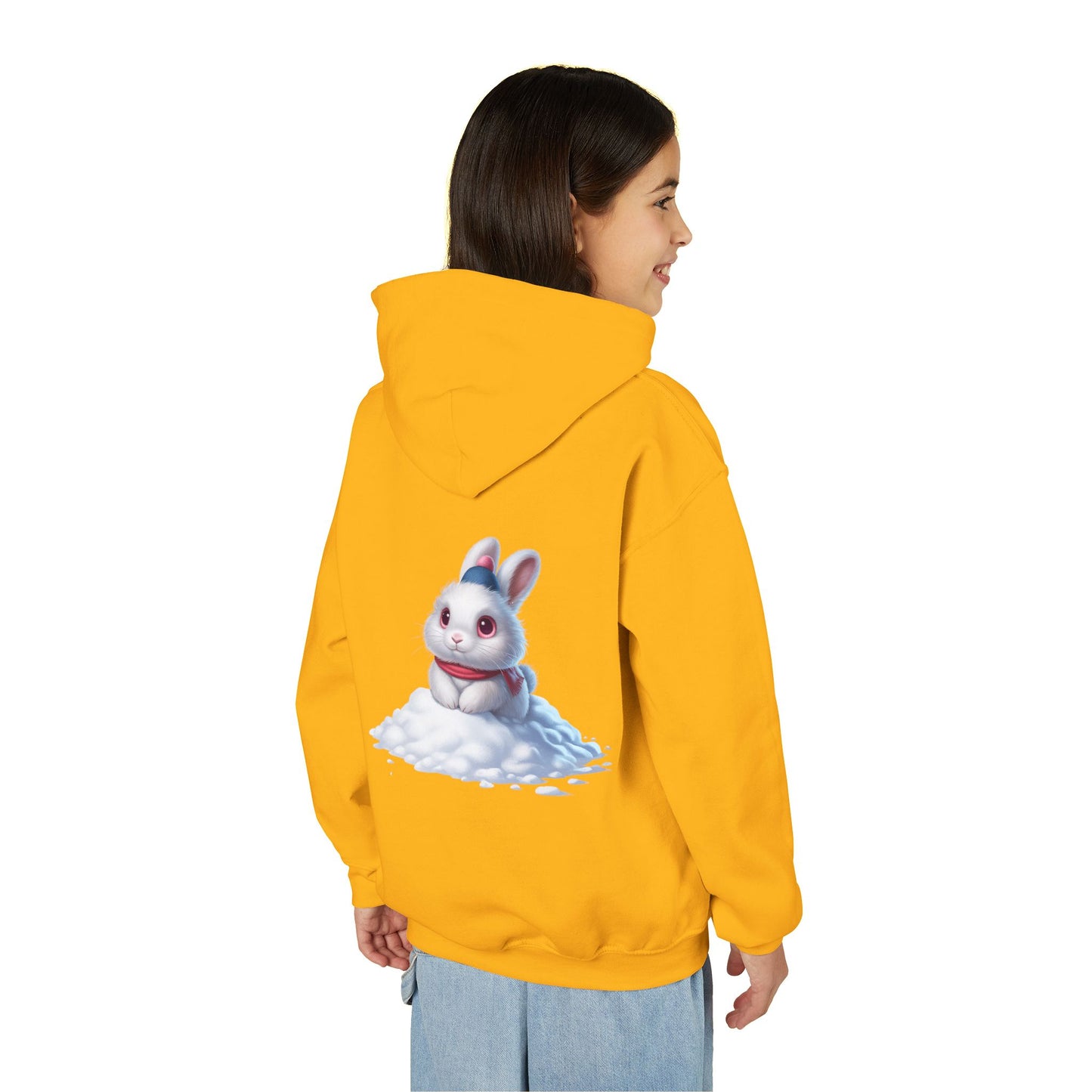 Youth Hoodie — Cute White Bunny in Snowback Graphic