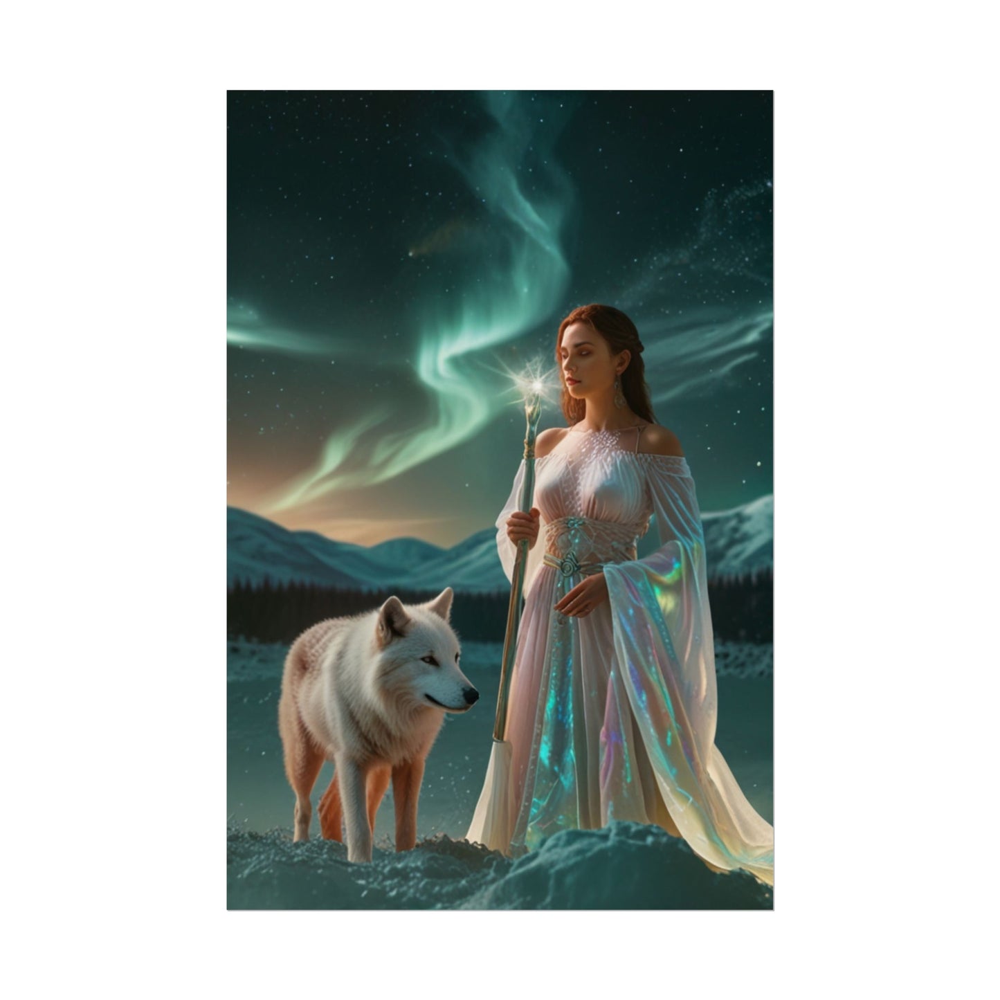 Aurora Guardian Poster – Fantasy-Frau mit weißem Wolf (Wandbild)