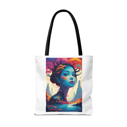 Artistic Blue Forest Maiden Tote Bag - Surreal Portrait All-Over Print