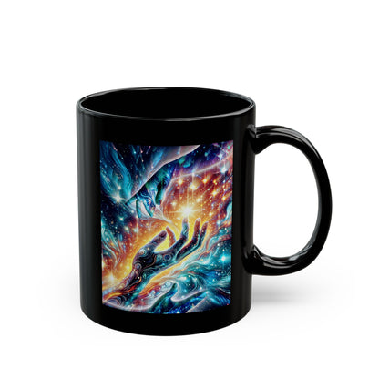 Cosmic Hands Black Mug — Galaxy Art Coffee Cup (11oz or 15oz)