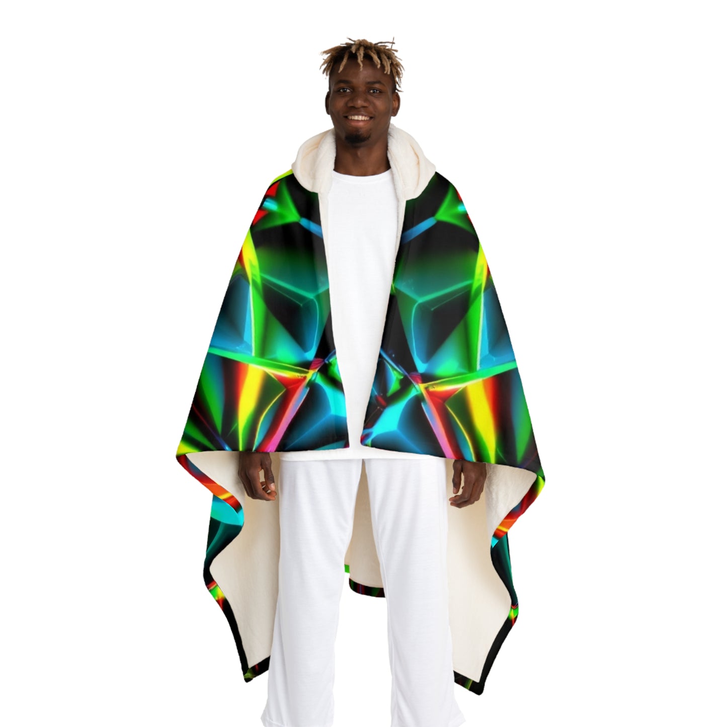 Hooded Sherpa Blanket — Neon Prism Geometric Hooded Fleece
