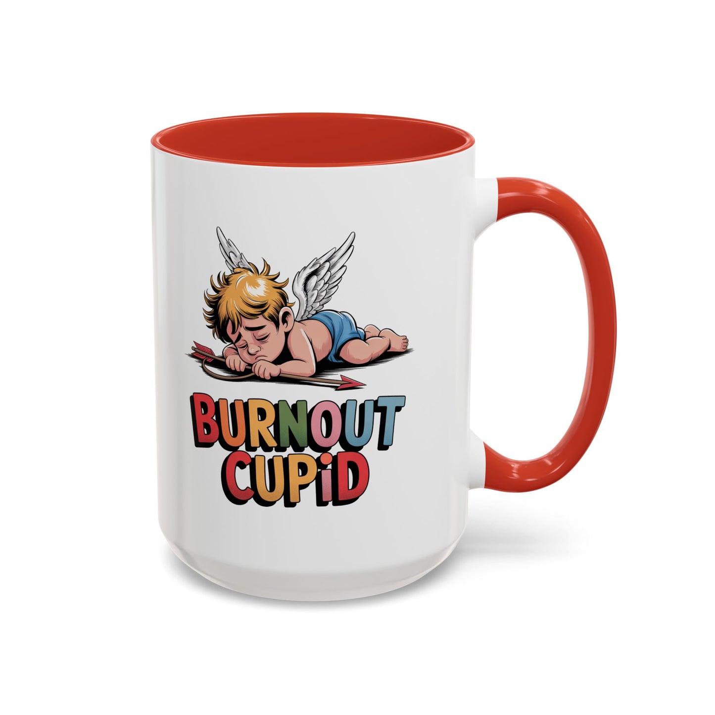 Burnout Cupid Coffee Mug — Cute Tired Cupid Accent Mug (11/15 oz)