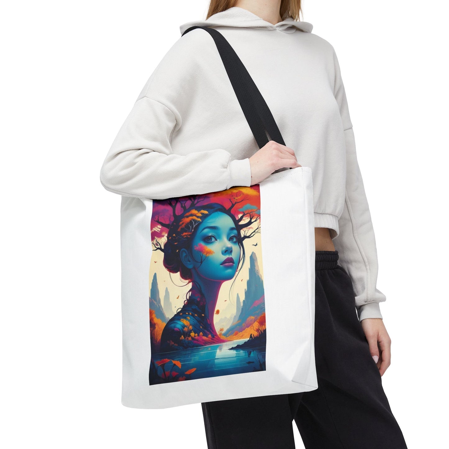 Artistic Blue Forest Maiden Tote Bag - Surreal Portrait All-Over Print