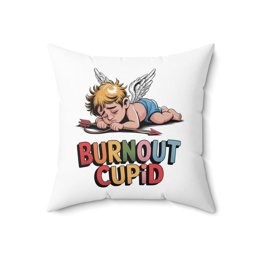 Burnout Cupid Throw Pillow — Cute Tired Cupid Decorative Pillow with 'Burnout Cupid' Text
