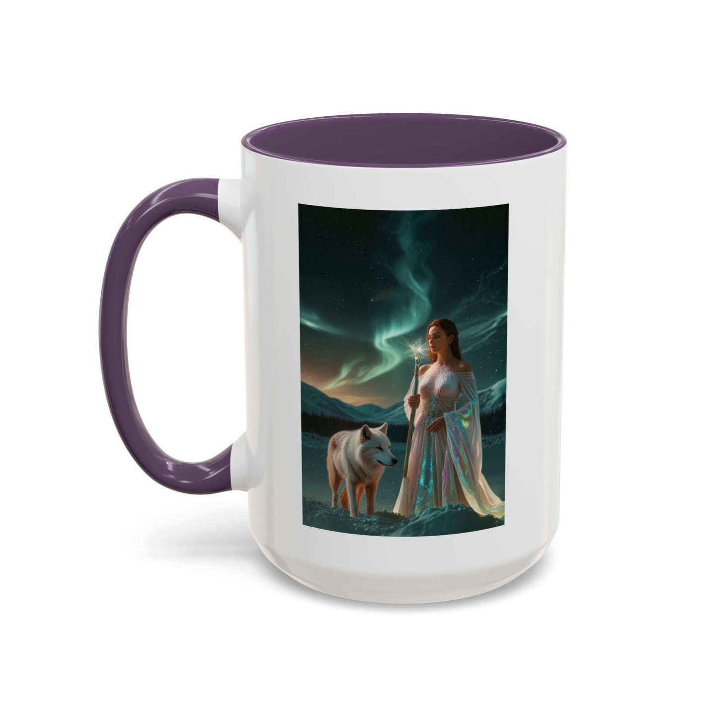 Taza de café Aurora Guardiana — Arte fantástico de mujer con lobo