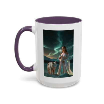 Taza de café Aurora Guardiana — Arte fantástico de mujer con lobo