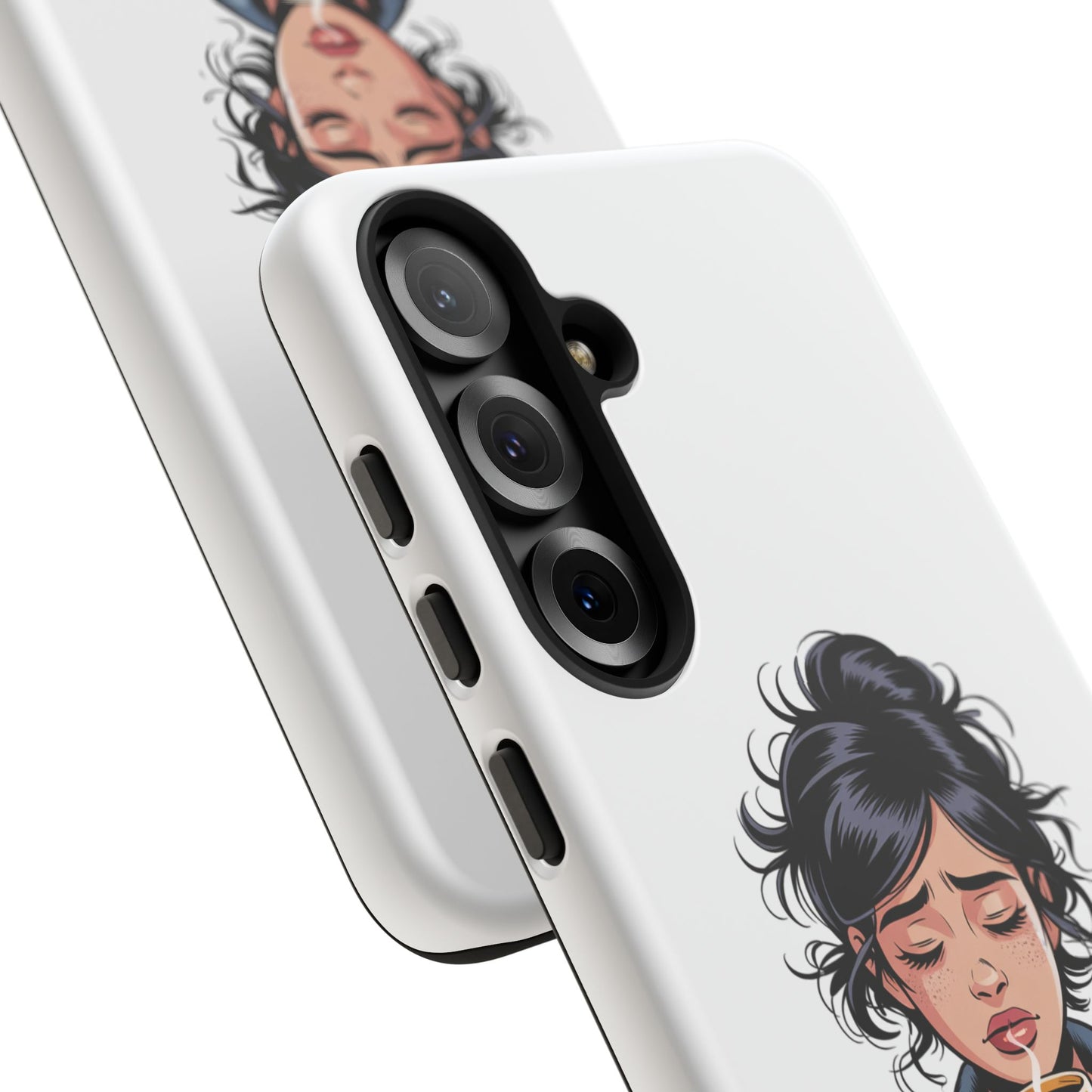 Samsung Phone Case — “First Coffee, Please” Cute Tired Girl Coffee Lover Phone Cover