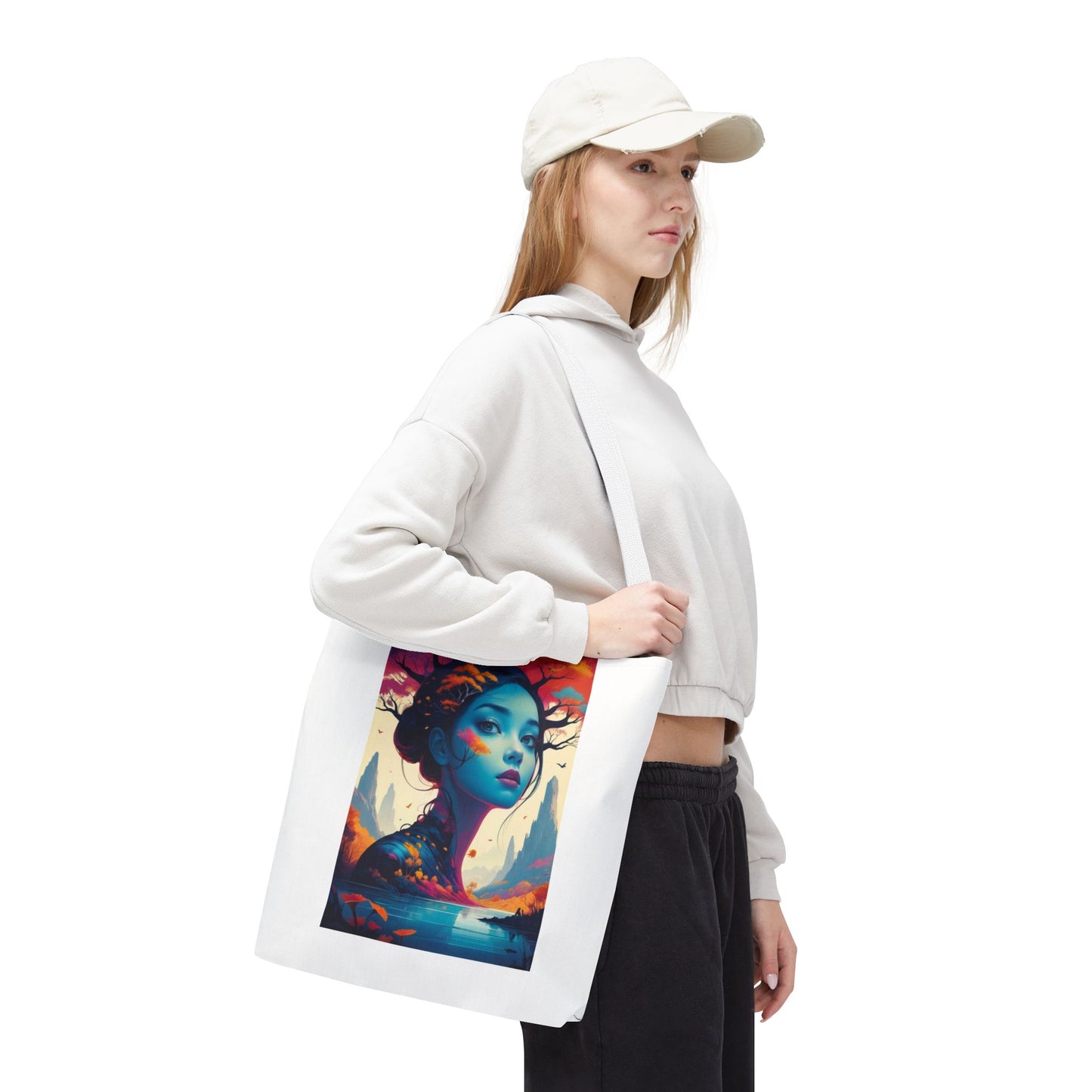 Artistic Blue Forest Maiden Tote Bag - Surreal Portrait All-Over Print