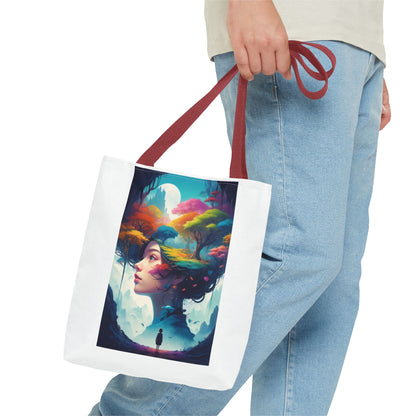 Surreale Traumlandschaft-Tragetasche – Bunte Frau &amp; Waldmotiv